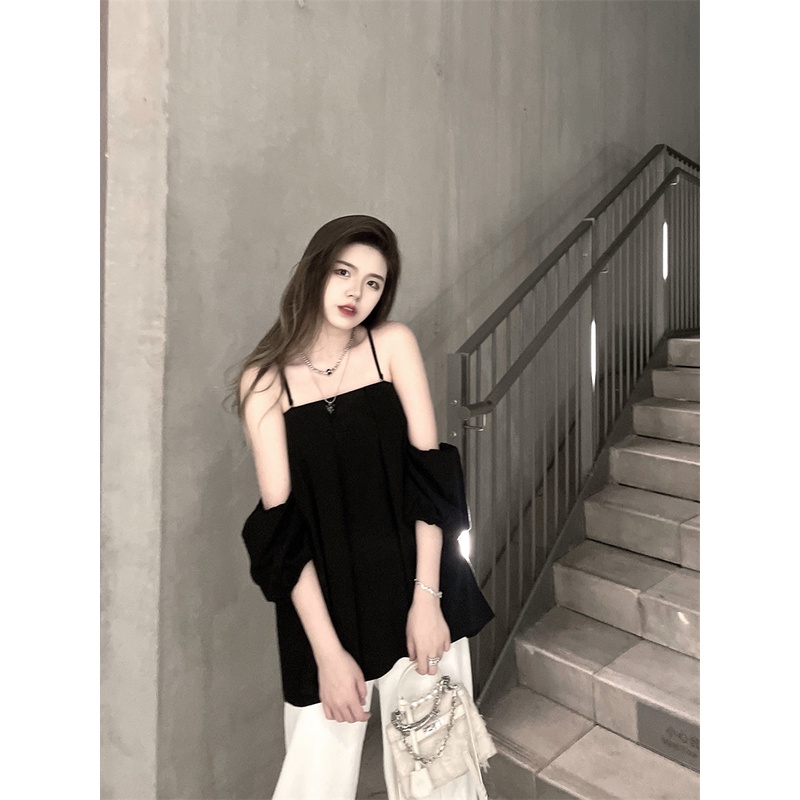 ◘✶Cropped Top Suit Wanita Puff Sleeve Satu Bahu Suspender Top Putih Lebar Kaki Celana Panjang Kasual Celana Lurus setelan Celana Musim Panas #COD