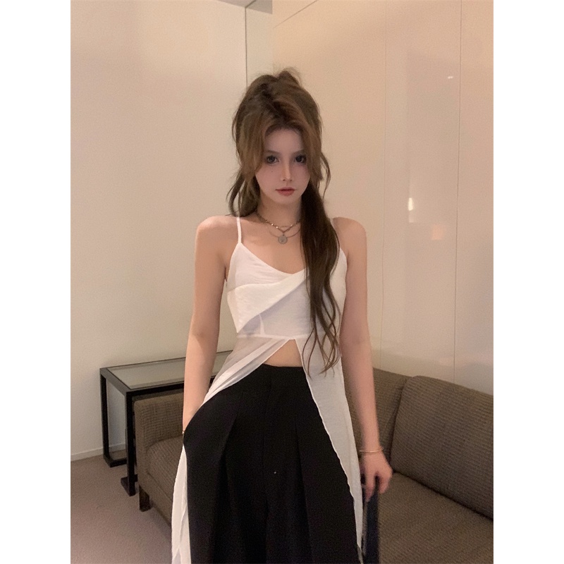 ✥☼cropped top holiday wind streamer white irregular vest suspenders summer mid-length blouse cross sleeveless outerwear top women #COD