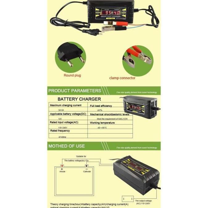 Charger Aki Motor Mobil 12V/6A Cas Accu Upto 100Ah Smart Otomatis