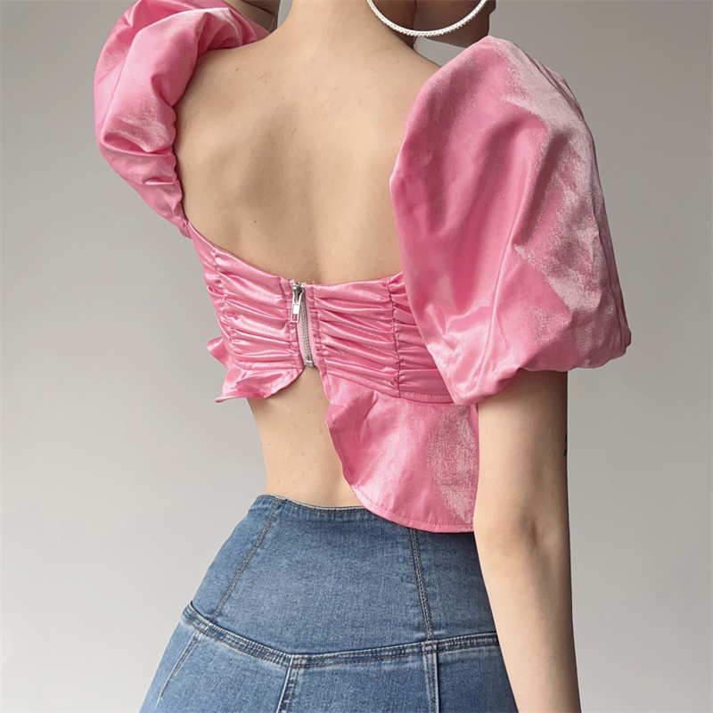 ✤۩❉cropped top Prancis gaya istana retro tiga dimensi manor rose dekorasi T-shirt wanita puff lengan all-match top #COD