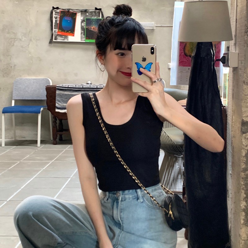 ✺☈✥cropped top Ceruk pakaian dalam pakaian luar suspender kecil selera desain wanita musim panas dasar rompi hitam gaya gadis panas atasan tanpa lengan putih #COD