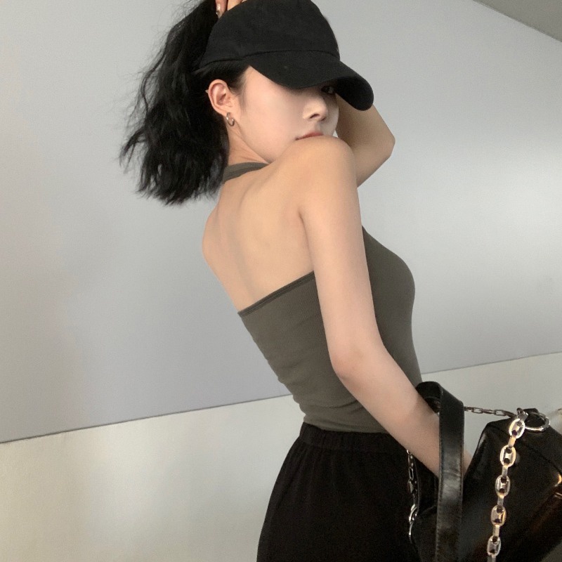 ►❃▪cropped top babes dipakai di dalam dan di luar di musim panas dengan pad dada kecantikan kembali halter leher seksi bottoming sling top wanita tanpa lengan hitam pendek #COD