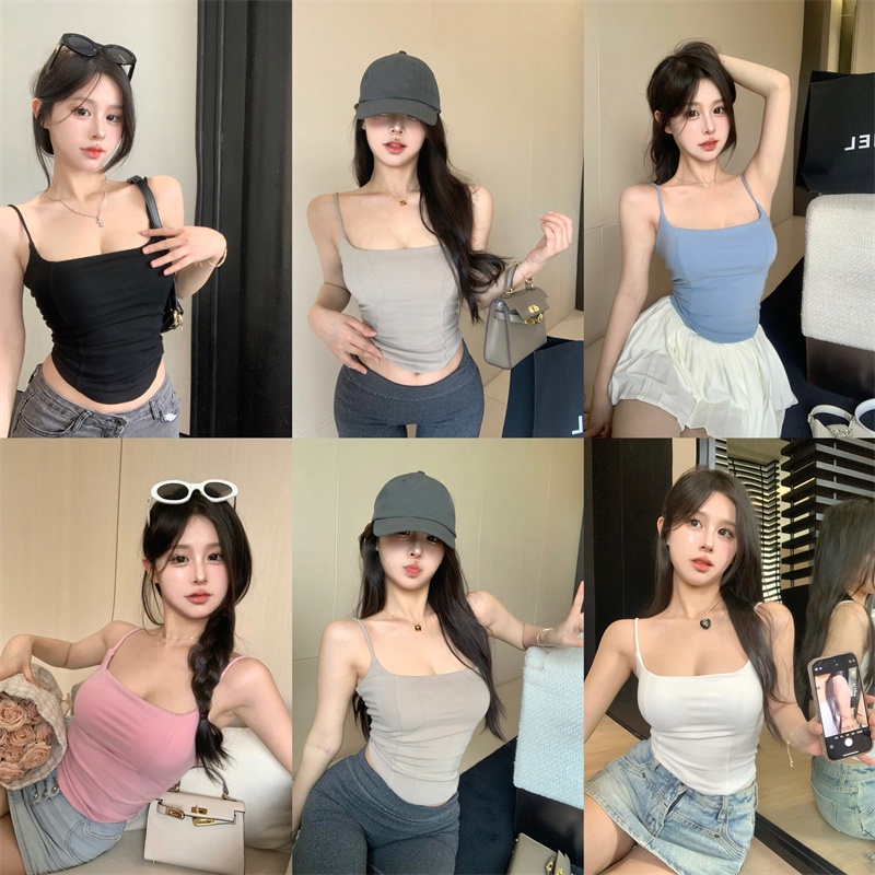 ☎cropped top baru kamisol kerah persegi palsu tulang ikan atas musim panas pakaian dalam ketat tidak teratur wanita versi Korea bottoming kemeja ceruk #COD