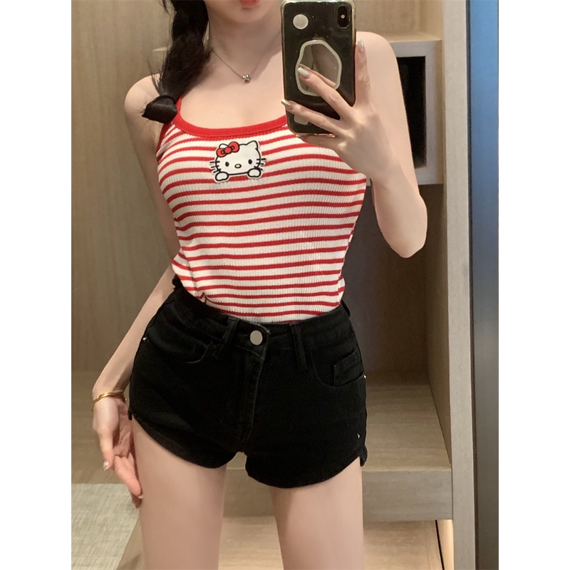 ▩Dipotong Top Hot Gadis Bergaris Warna Kontras Kartun Rompi Musim Panas Tanpa Lengan Slim Fit Kemeja Atasan Suspender Wanita Seksi Baru #COD