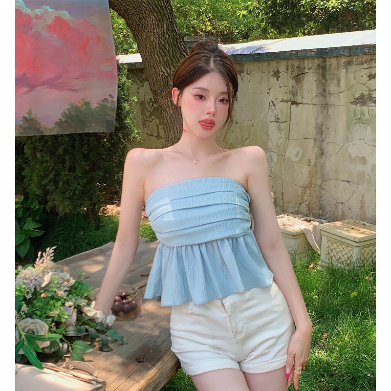 ┋✻Cropped top Kemeja kamisol gaya Korea untuk siswa di musim panas hot girl tube top terlihat tipis di dalam dan di luar memakai rompi pendek atas kemeja sifon wanita #COD