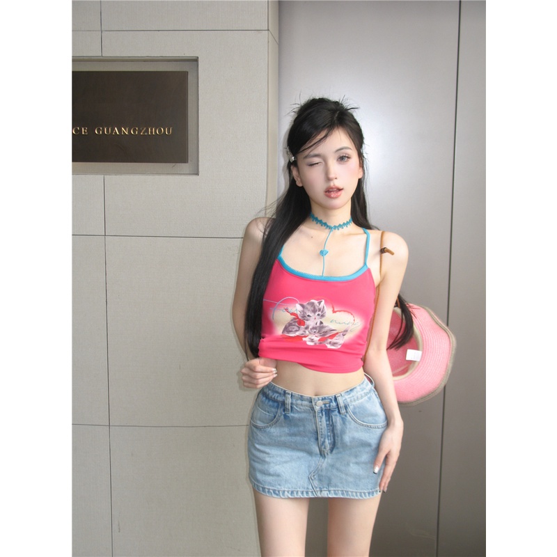 ☾✸∏cropped top Eropa dan Amerika warna kontras kartun halter neck cetak lucu tanpa lengan kamisol anti-selip musim panas slim top wanita pendek #COD