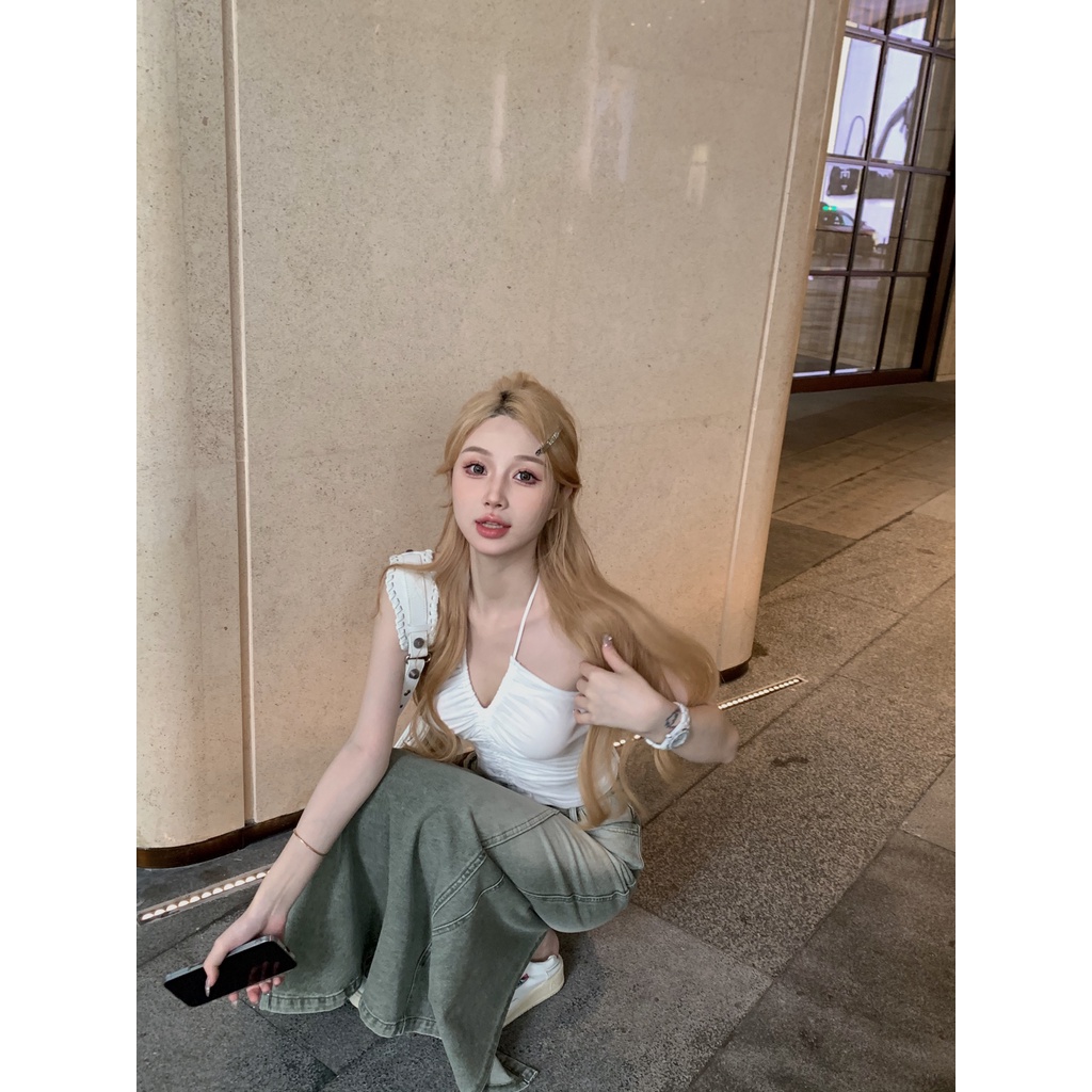 ✘☑cropped top putih lipit halter leher tanpa lengan pakaian luar musim panas rompi ketat atasan wanita anti-cahaya suspender dengan punggung terbuka unik #COD