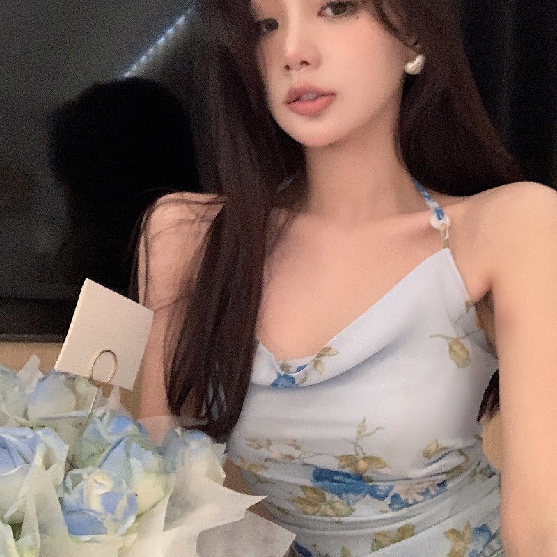 ☇✇ஐCropped top chiffon floral sling pakaian luar wanita musim semi dan musim panas tanpa lengan top sexy halter neck tube top vest kecil tidak beraturan #COD