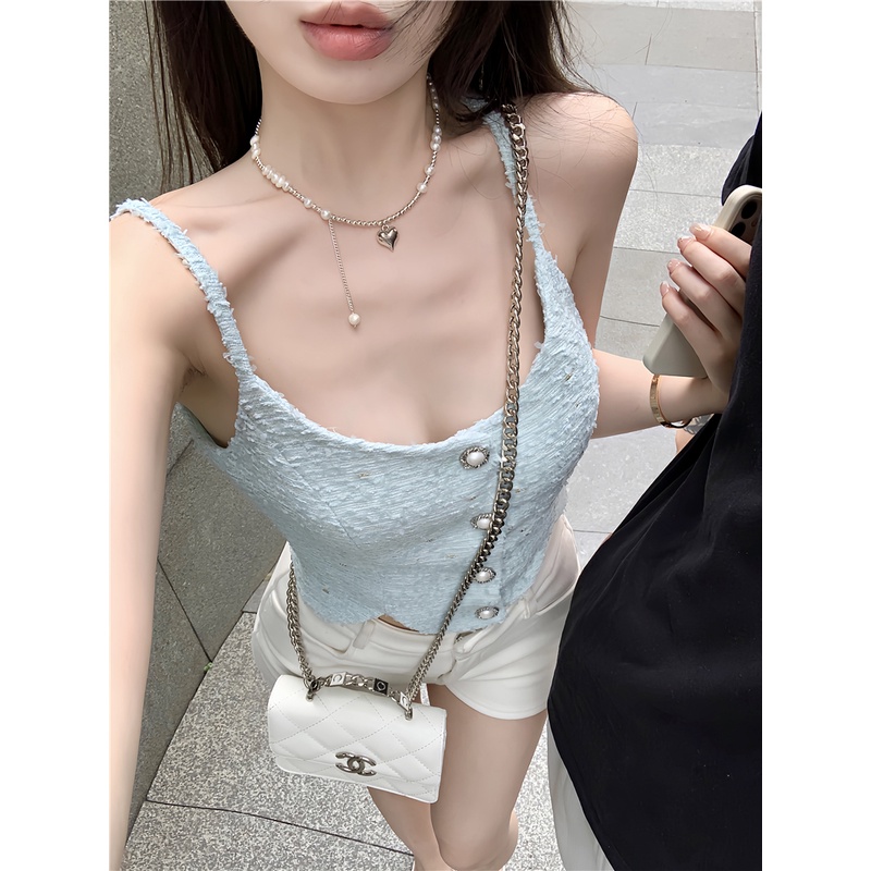 ₪cropped top Xiaoxiangfeng Kamisol Tidak Teratur Tanpa Lengan Biru Inner Spice Girl Pendek Top Wanita Single Breasted Jacquard Musim Panas #COD