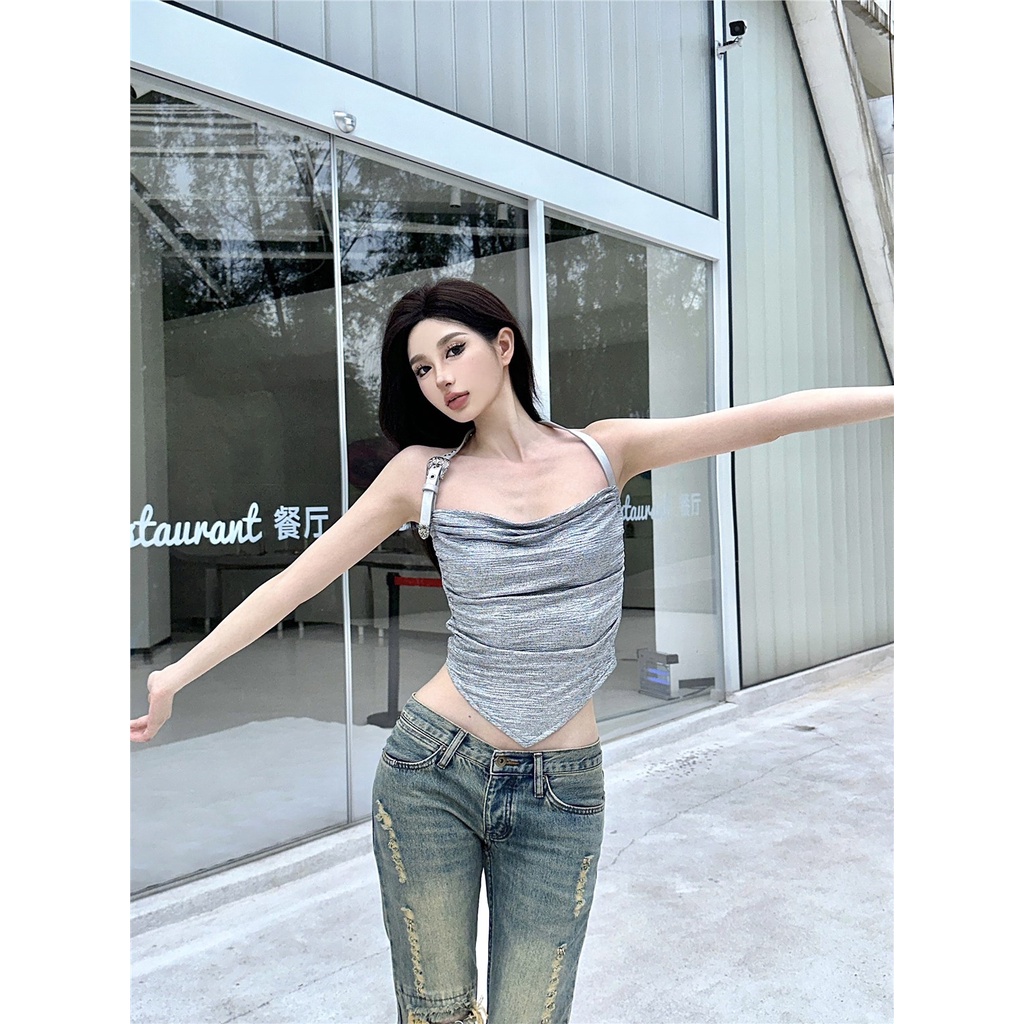 ✺✳✎Dipotong Top Musim Panas Niche Irregular Lipit Halter Top Wanita Bawahan Kemeja Pendek Rompi Tali Desain Rasa Pakaian Luar #COD