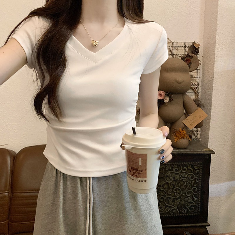 Suhao small design sense waist shirring t-shirt women s tops summer slim pure desire hot girl small V-neck front shoulder white short sleeves kaos import wanita kaos wanita gaya korea lengan pendek kaos pendek perempuan