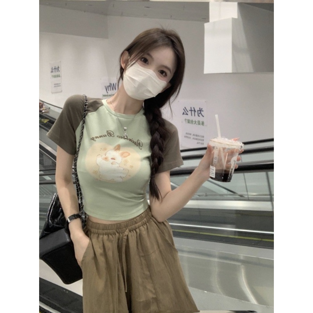 ■▦Suhao kaos import wanita kaos wanita korean style lengan pendek kaos pendek perempuan American retro pink raglan shoulder short-sleeve t-shirt women s summer dopamine wear with front shoulder short sweet and spicy top summer