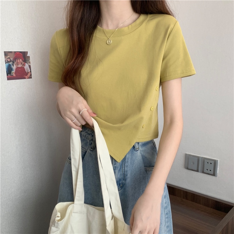 Suhao regular button design sense white short-sleeve t-shirt women s summer sweet hot girl slim fit and thin shoulder short top kaos import wanita kaos wanita korean style lengan pendek kaos pendek perempuan