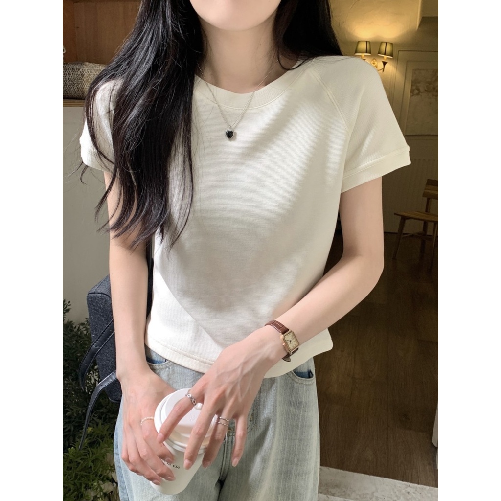 Suhao American style front shoulder short-sleeve t-shirt women 2023 new summer hot girl style slim fit cotton T-shirt short top kaos import wanita kaos wanita Korean style lengan pendek kaos pendek perempuan