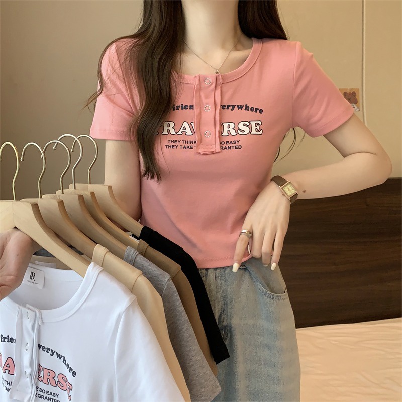 Suhao American Retro Kopi Warna Dicetak Lengan Pendek T-shirt Wanita Musim Panas Rasa Desain Niche Slim Bahu Chic Atasan Pendek Kaos Import Wanita Kaos Wanita Gaya Korea Lengan Pendek Kaos Pendek Perempuan