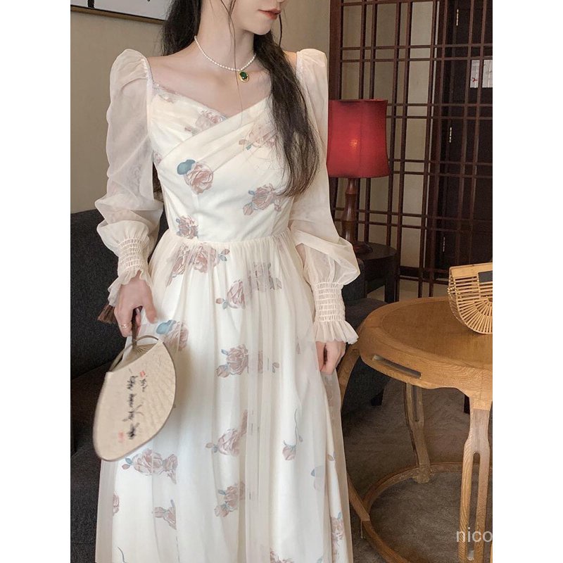 COD##dress bunga Prancis gaun lengan panjang V-neck vintage/dress kondangan/korean dress vintage