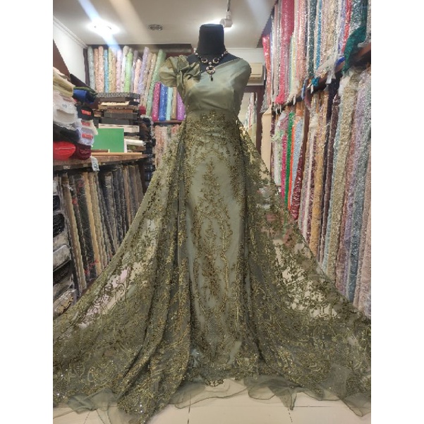 Kain Tile Brokat Etnik Payet Batu Akar Bridal AV397-22-3 hijau Olive