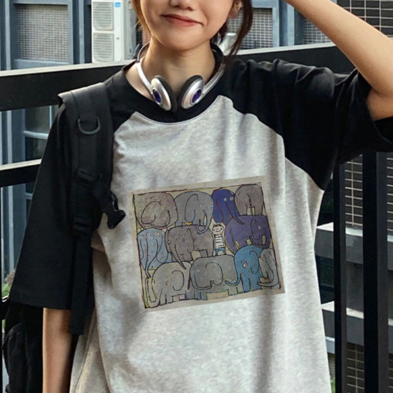 Suhao lengan raglan t-shirt bahu depan lengan pendek wanita desain ceruk musim panas Amerika retro longgar gaya Hong Kong chic top setengah lengan kaos impor wanita kaos wanita gaya korea lengan pendek kaos pendek perempuan