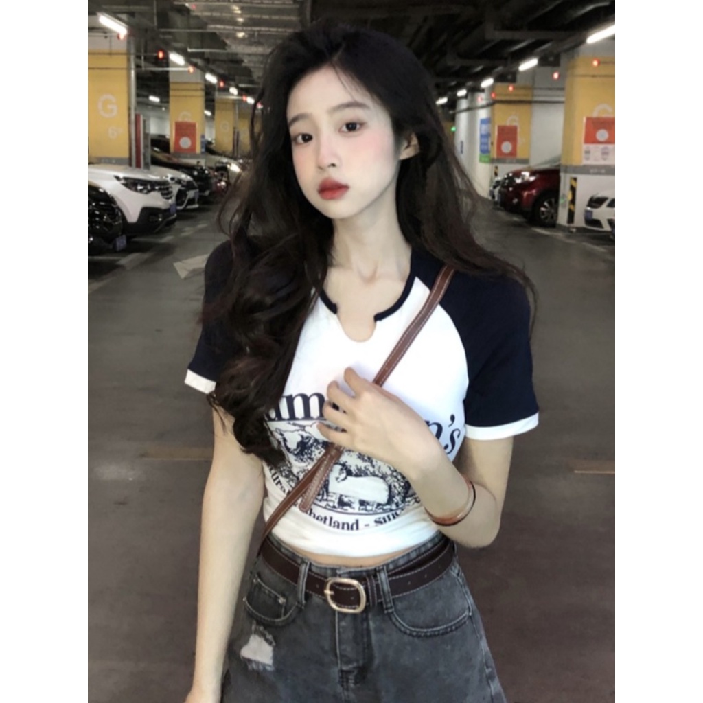 Suhao American Retro U-neck Bahu Depan T-shirt Wanita Lengan Pendek Musim Panas Cetak Kecil Chic Unik Manis Gadis Pendek Atasan Kaos Import Wanita Kaos Wanita Gaya Korea Lengan Pendek Kaos Pendek Perempuan