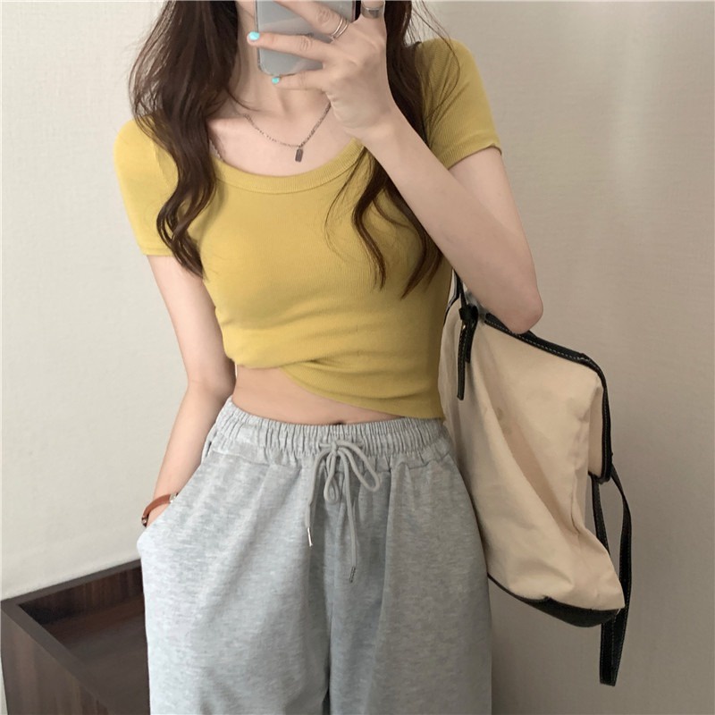 Suhao summer sweet hot girl U-neck front shoulder short-sleeve t-shirt feminin slim bottoming shirt short tight waist pinch top kaos import wanita kaos wanita gaya korea lengan pendek kaos pendek perempuan