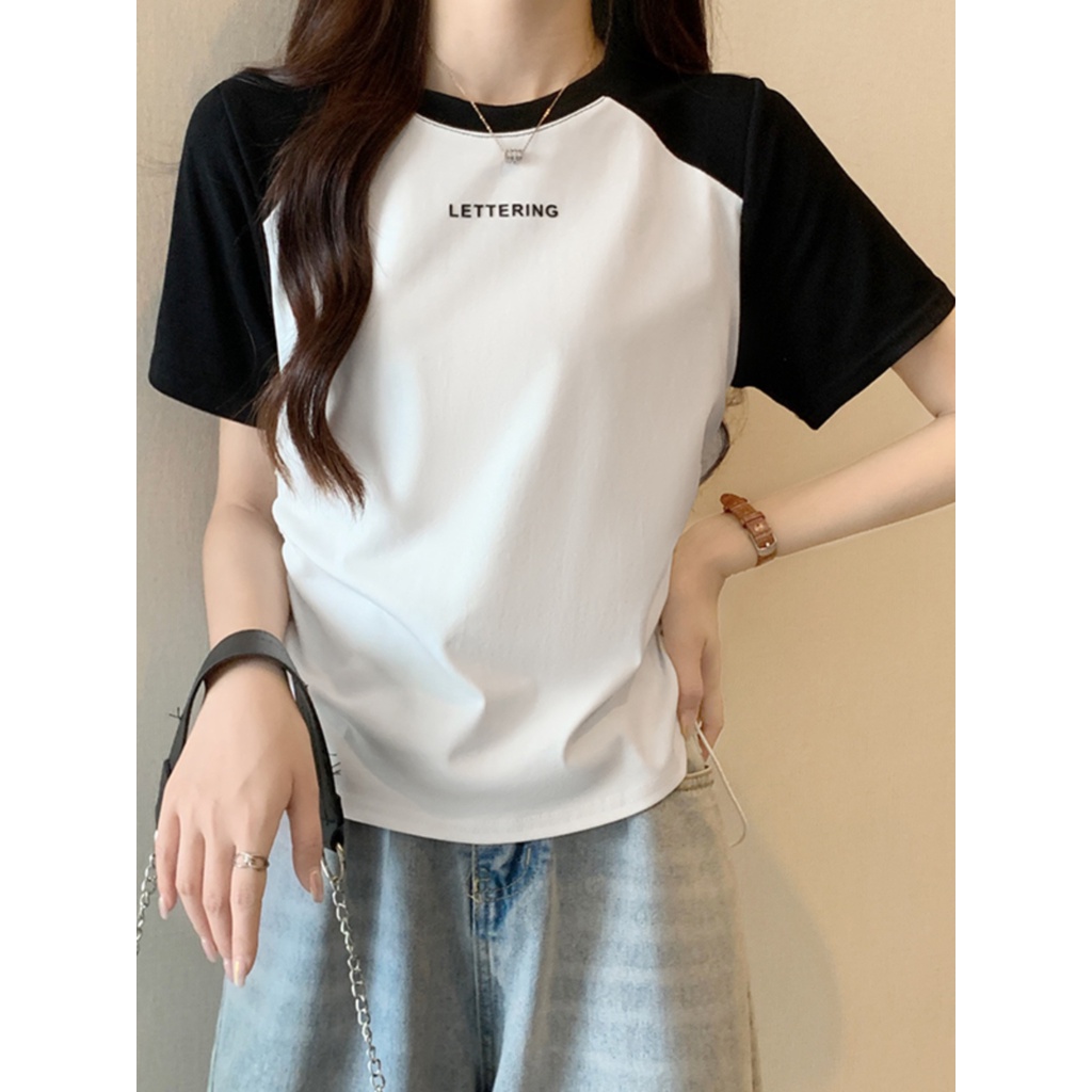 Suhao gaya Amerika raglan bahu katun lengan pendek T-shirt wanita musim panas slim fit dan slim design niche drawstring short shoulder top kaos import wanita kaos wanita gaya korea lengan pendek kaos pendek perempuan