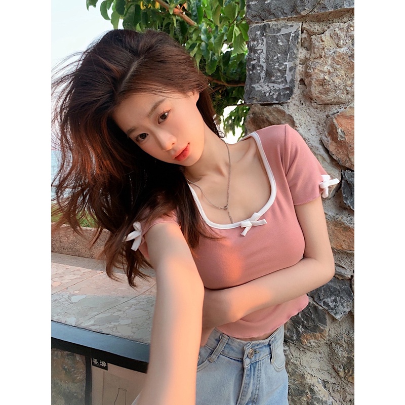 Suhao square collar French sweet and spicy short top women s summer high-end sense with skirt kecil alpukat hijau lengan pendek T-shirt kaos impor wanita kaos wanita gaya korea lengan pendek kaos pendek perempuan