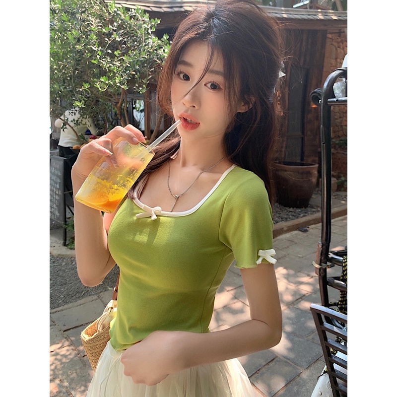 Suhao square collar French sweet and spicy short top women s summer high-end sense with skirt kecil alpukat hijau lengan pendek T-shirt kaos impor wanita kaos wanita gaya korea lengan pendek kaos pendek perempuan