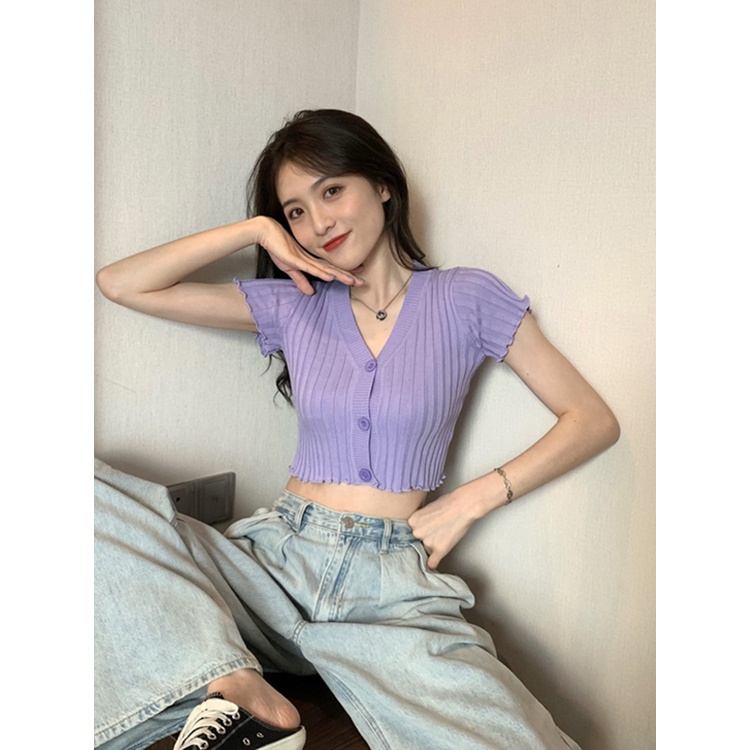 Suhao v-neck knitted cardigan short-sleeved t-shirt women s summer tide short section self-cultivation 2023 new sexy high waist top with navel expose kaos import wanita kaos wanita korean style lengan pendek kaos pendek perempuan