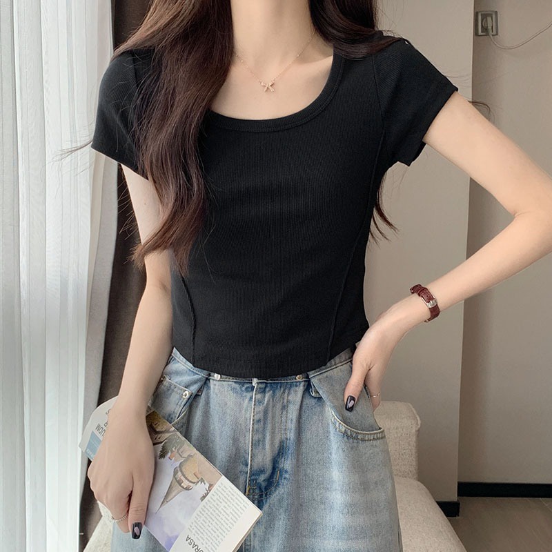 Suhao leher bulat besar bahu depan tipis top wanita desain rasa tidak teratur tulang ikan pinggang hot gadis lengan pendek t-shirt musim panas gaun kaos impor wanita kaos wanita gaya korea lengan pendek kaos pendek perempuan