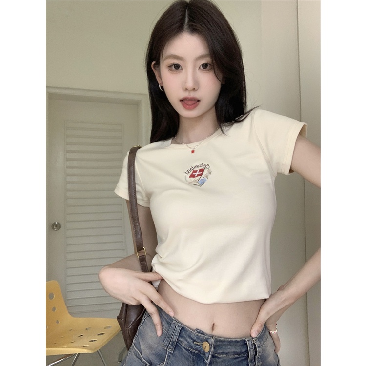 ✁✠✸Suhao kaos import wanita kaos wanita gaya korea lengan pendek kaos pendek perempuan American retro sweet hot girl short front shoulder short-sleeved t-shirt women s summer self-budidaya design sense printed navel bm top