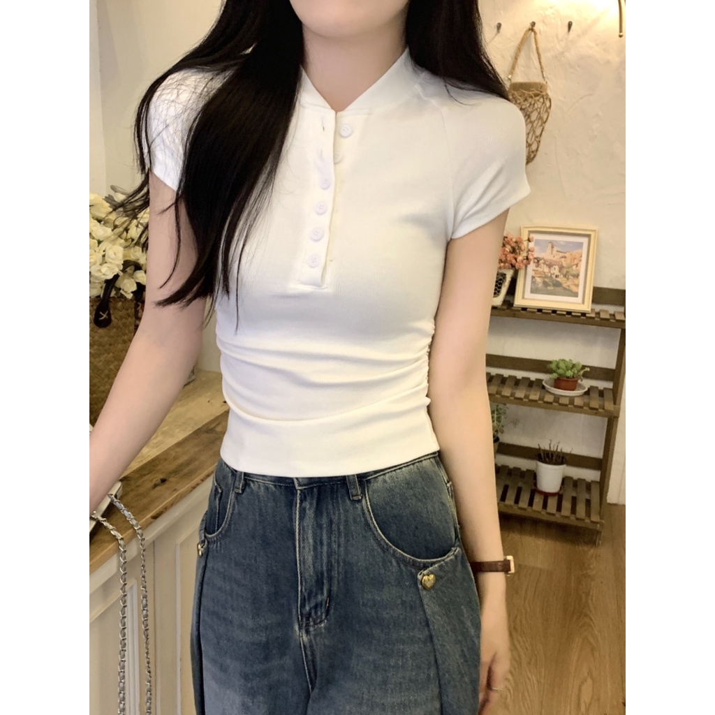 ﹍❏✺Suhao kaos import wanita kaos wanita gaya korea lengan pendek kaos pendek perempuan American retro bahu depan lengan pendek T-shirt wanita musim panas desain rasa ceruk katun raglan ketat lengan pendek atasan pendek