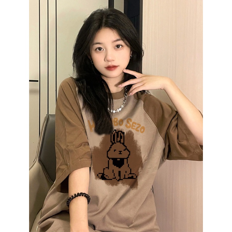 ♠☊Suhao kaos import wanita kaos wanita gaya korea lengan pendek kaos pendek perempuan American heavy brown raglan shoulder fake two-piece short-sleeved t-shirt summer rabbit splicing contrast color top design sense women