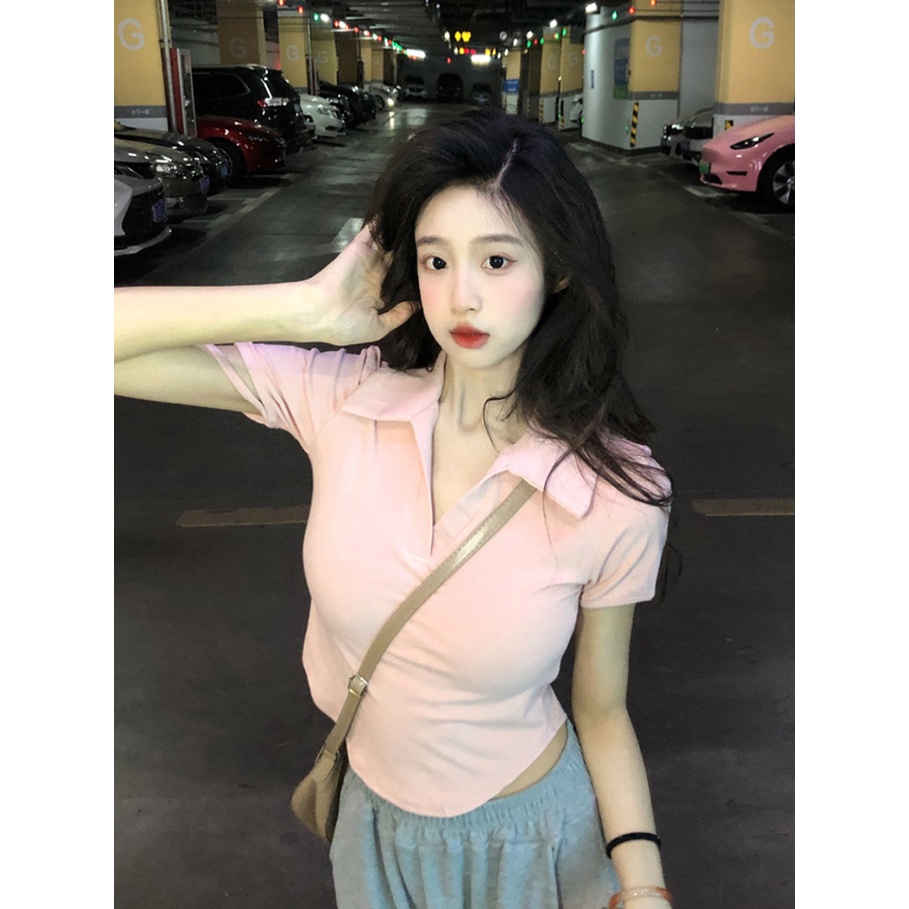 ▤♗☾Suhao kaos import wanita kaos wanita gaya korea lengan pendek kaos pendek perempuan irregular polo merah kerah depan bahu lengan pendek t-shirt wanita musim panas murni keinginan hot gadis slim fit ketat v-neck pendek top