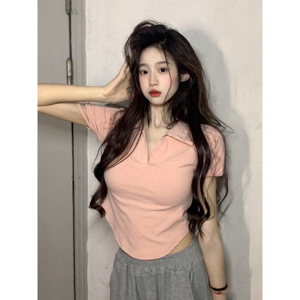 ▤♗☾Suhao kaos import wanita kaos wanita gaya korea lengan pendek kaos pendek perempuan irregular polo merah kerah depan bahu lengan pendek t-shirt wanita musim panas murni keinginan hot gadis slim fit ketat v-neck pendek top