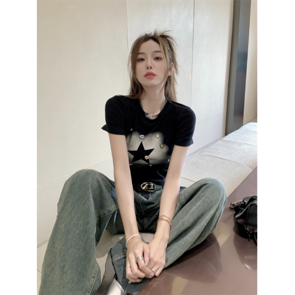 ✧❧✔Suhao kaos import wanita kaos wanita gaya korea lengan pendek kaos pendek perempuan American style putih dicetak depan bahu lengan pendek t-shirt wanita musim panas hot gadis kapas murni tinggi pinggang slim fit ketat pendek top musim panas