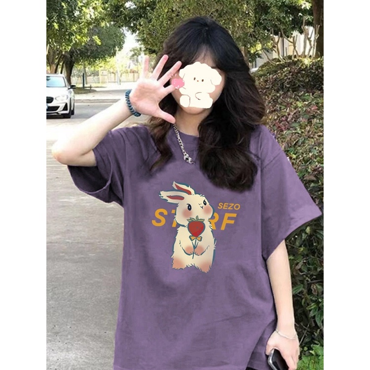 ❈◆Suhao kaos import wanita kaos wanita gaya korea lengan pendek kaos pendek perempuan American trendy brand front shoulder short-sleeve t-shirt women s summer niche design retro Hong Kong style chic loose half-sleeved top