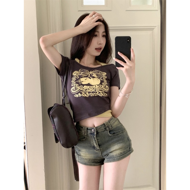 ✸♝Suhao kaos import wanita kaos wanita korean style lengan pendek kaos pendek perempuan American retro printed fake two-piece white short-sleeved t-shirt women s summer short navel halter pure desire babes top