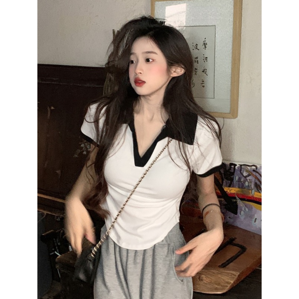 ▬✢✑Suhao kaos import wanita kaos wanita gaya korea lengan pendek kaos pendek perempuan Polo collar front shoulder short-sleeve T-shirt wanita musim panas baru kecil berpinggang tinggi jeans dengan short sweet and spicy top