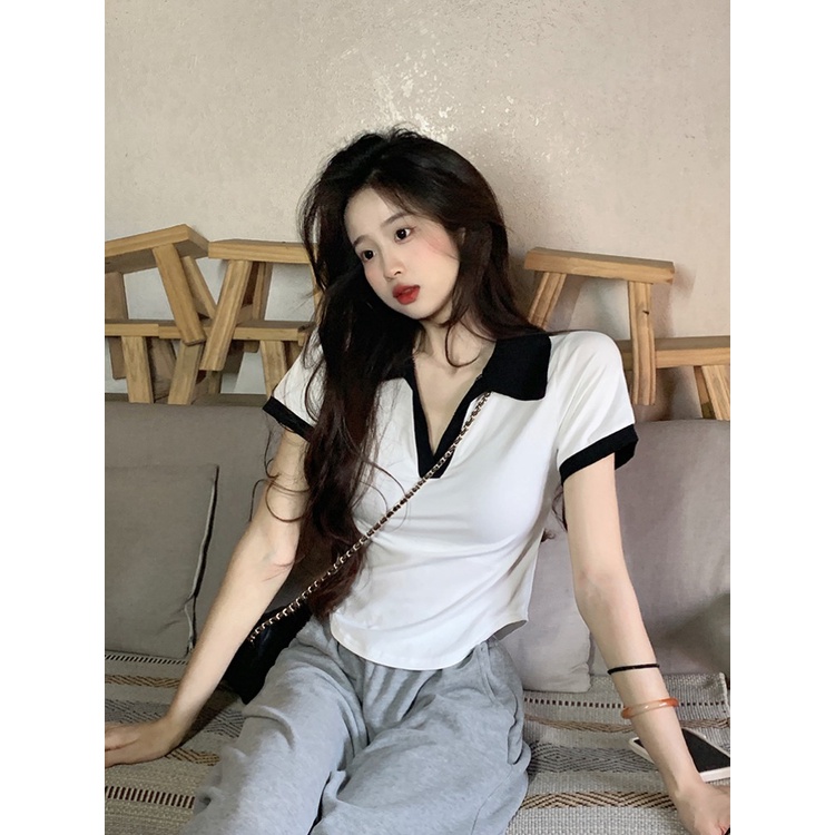 ☈Suhao kaos import wanita kaos wanita gaya korea lengan pendek kaos pendek perempuan hot girl style contrast color lapel front shoulder short-sleeve t-shirt women s summer design sense niche slim slim short top ins