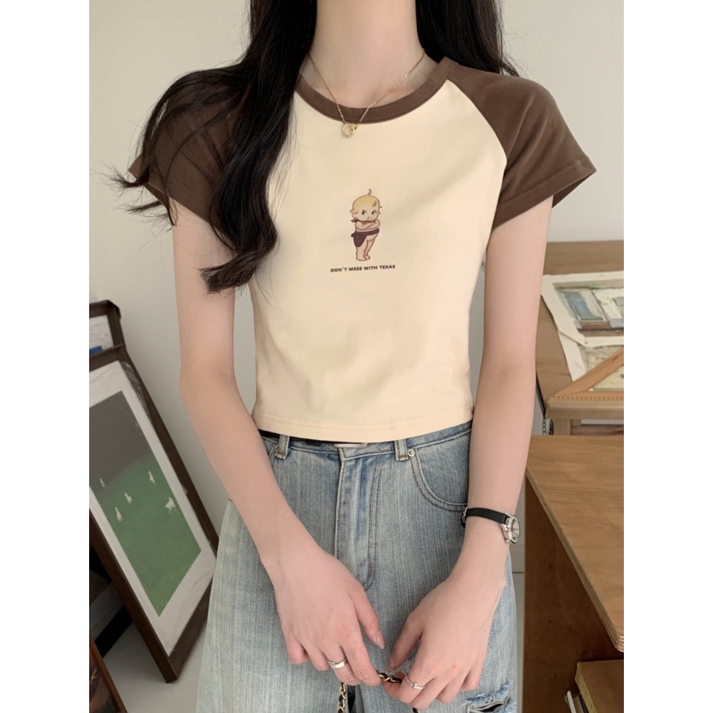 ✽Suhao kaos import wanita kaos wanita gaya korea lengan pendek kaos pendek perempuan American retro raglan bahu lengan pendek t-shirt wanita musim panas desain masuk akal ceruk hot girl slim body shirt front shoulder short top