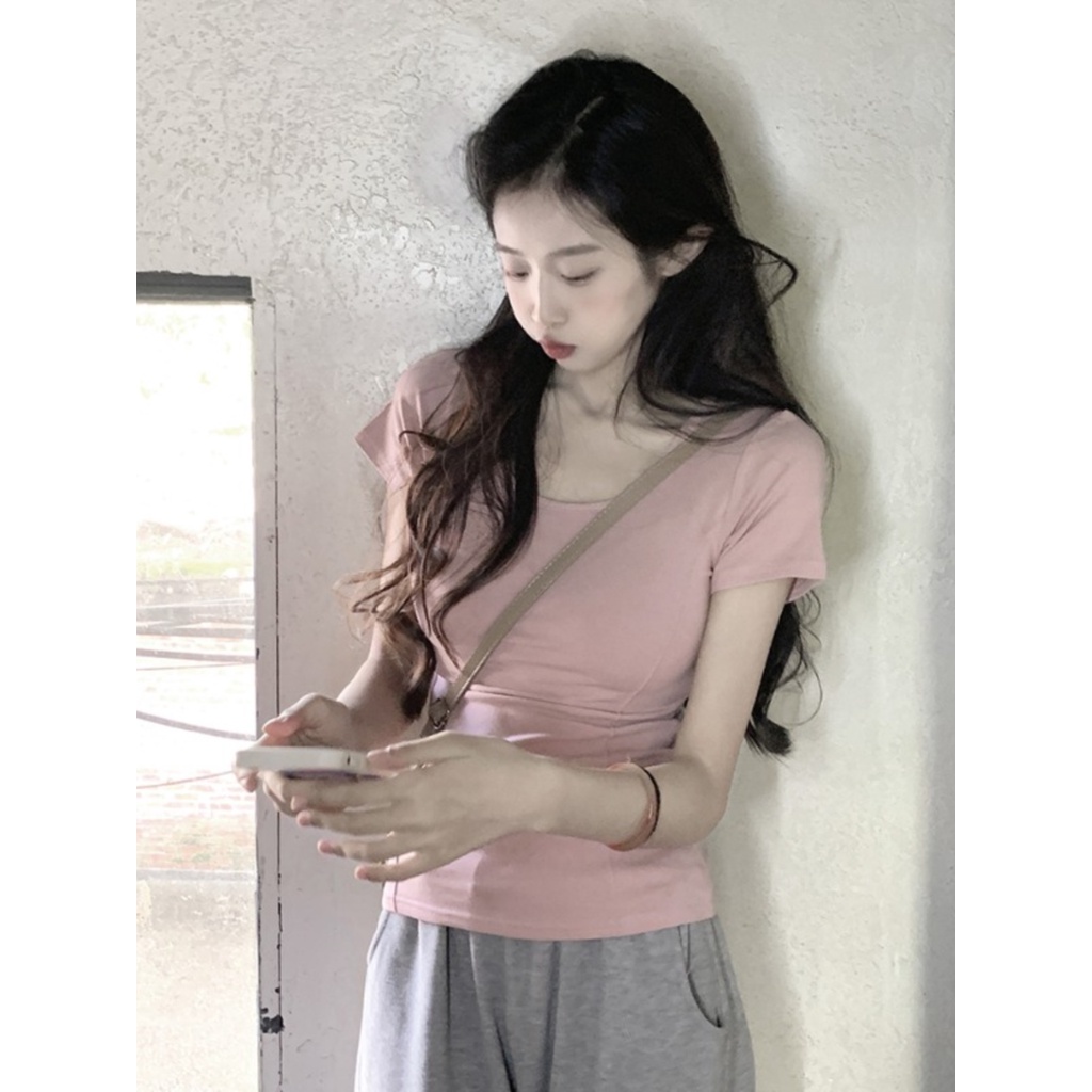 ♂▣Suhao kaos import wanita kaos wanita gaya korea lengan pendek kaos pendek perempuan hot girl pink u-neck large neckline front shoulder short-sleeve t-shirt women s summer pure desire style high waist slim fit tight short top