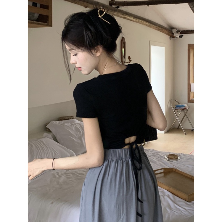 ﹍❀Suhao kaos import wanita kaos wanita gaya korea lengan pendek kaos pendek perempuan lengan pendek bahu depan T-shirt design open back drawstring strap hollow short top women s summer high-end sense with skirt