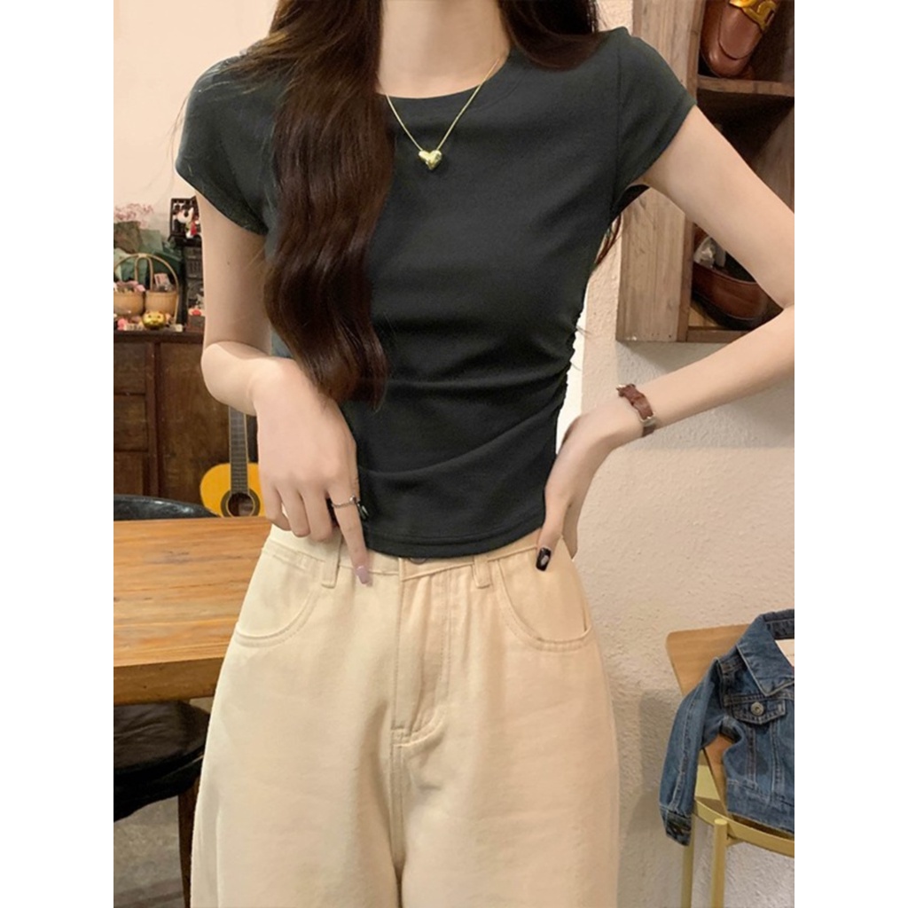 ☃✈Suhao kaos import wanita kaos wanita gaya korea lengan pendek kaos pendek perempuan bahu depan slim fit high waist short-sleeve t-shirt female design sense niche small flying sleeves shirring waist short top summer