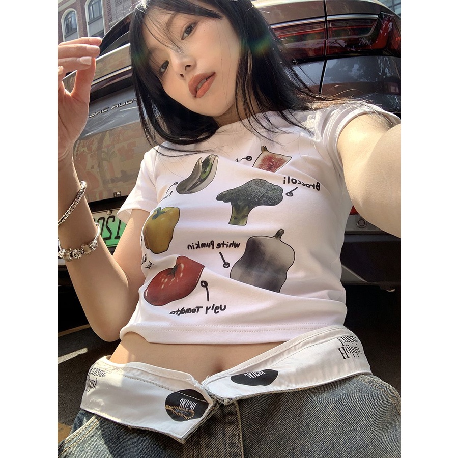 Red Sayuran cetak pendek slim fit lengan pendek T-shirt wanita 2023 musim panas versi Korea baru mengurangi usia dan tipis hot gadis atasan pendek