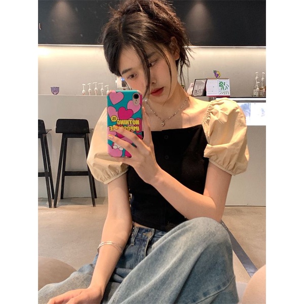 Red French square collar stitching short-sleeve t-shirt women s summer Japanese retro design sense niche chic puff sleeve short top