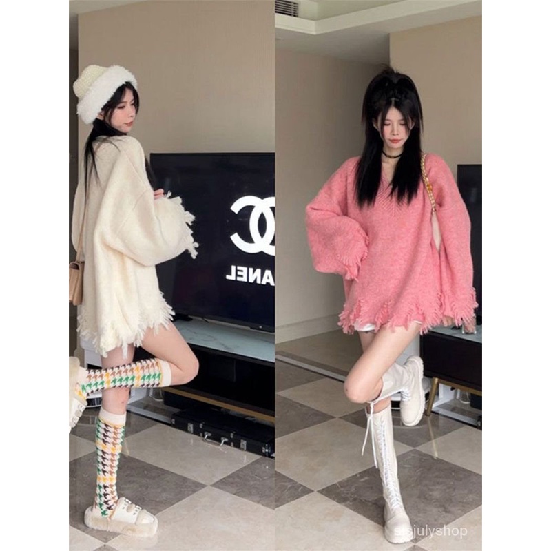 [✅BISA COD] #Sisjuly# Jumper wanita / Jumper pinggiran berpotongan bulu leher V retro Prancis / jump