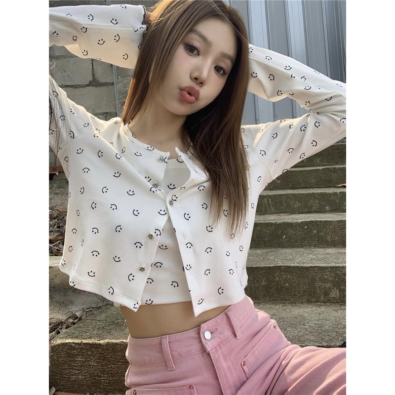 08#Tembakan Nyata Hemat Biaya Kardigan Lengan Panjang Motif Wajah Tersenyum PutihTT-shirt+Ta00