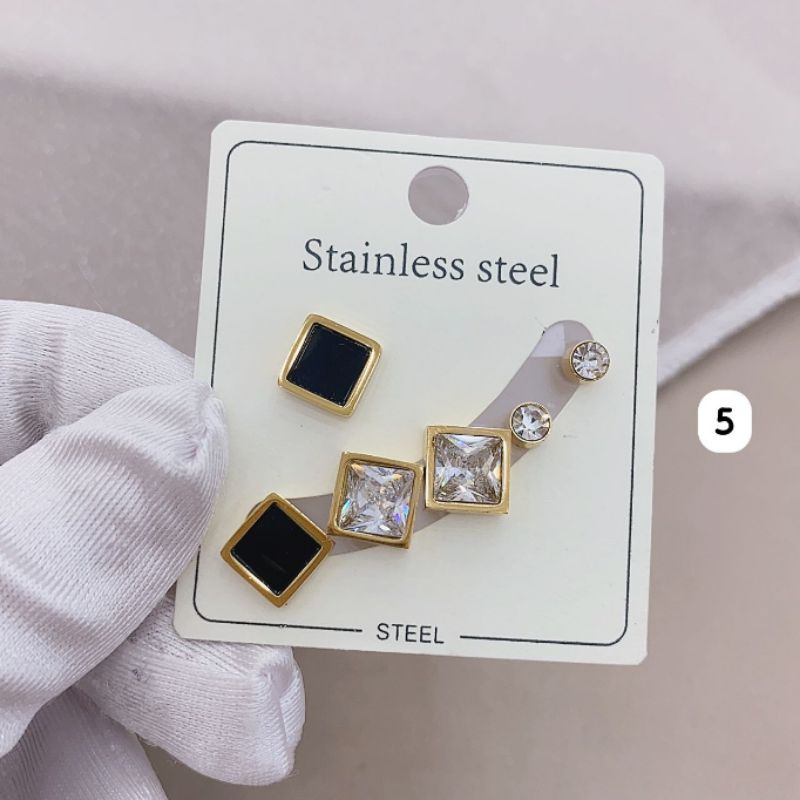 Anting Titanium asli 1 kap  isi 3set A05 A06  Kilau mirip emas asli Premium Quality Anti karat anti alergi Stainless steel ori