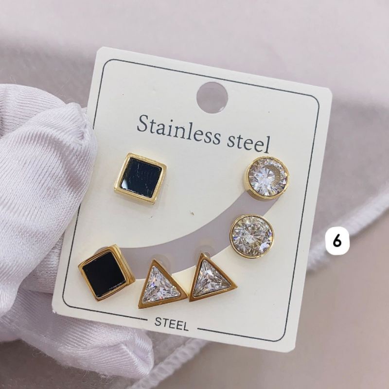 Anting Titanium asli 1 kap  isi 3set A05 A06  Kilau mirip emas asli Premium Quality Anti karat anti alergi Stainless steel ori