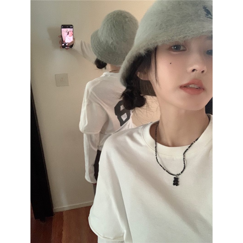 08#Tembakan Nyata Hemat Biaya Merasa Longgar Dua Buah Palsu Berjumbai Lengan PanjangTT-shirt